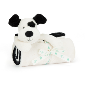 Playful Pup, Portable Comfort! The Jellycat Bashful Black & Cream Puppy Blankie's rolled-up blanket and playful design make it a cuddly friend for any adventure. (Blanket rolled up, angled view)