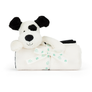 Double the Cuddles! The Jellycat Bashful Black & Cream Puppy Blankie offers a soft puppy friend with a rolled-up blanket for ultimate comfort. (Blanket rolled up, front view)