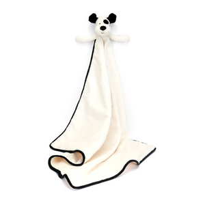 Ready for Adventures! The Jellycat Bashful Black & Cream Puppy Blankie, with its floppy ears and hanging blanket, is the perfect companion for on-the-go cuddles. (Blanket hanging)