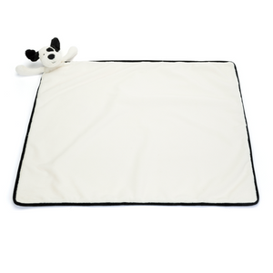 Unroll Comfort & Fun! The Jellycat Bashful Black & Cream Puppy Blankie features a cuddly pup with a luxuriously soft blanket, perfect for playtime or naptime snuggles. (Blanket rolled out in front)
