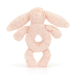 The Jellycat Bashful Blush Bunny Ring Rattle offers soft fur, a hidden rattle, and easy-to-grab features for sensory fun.