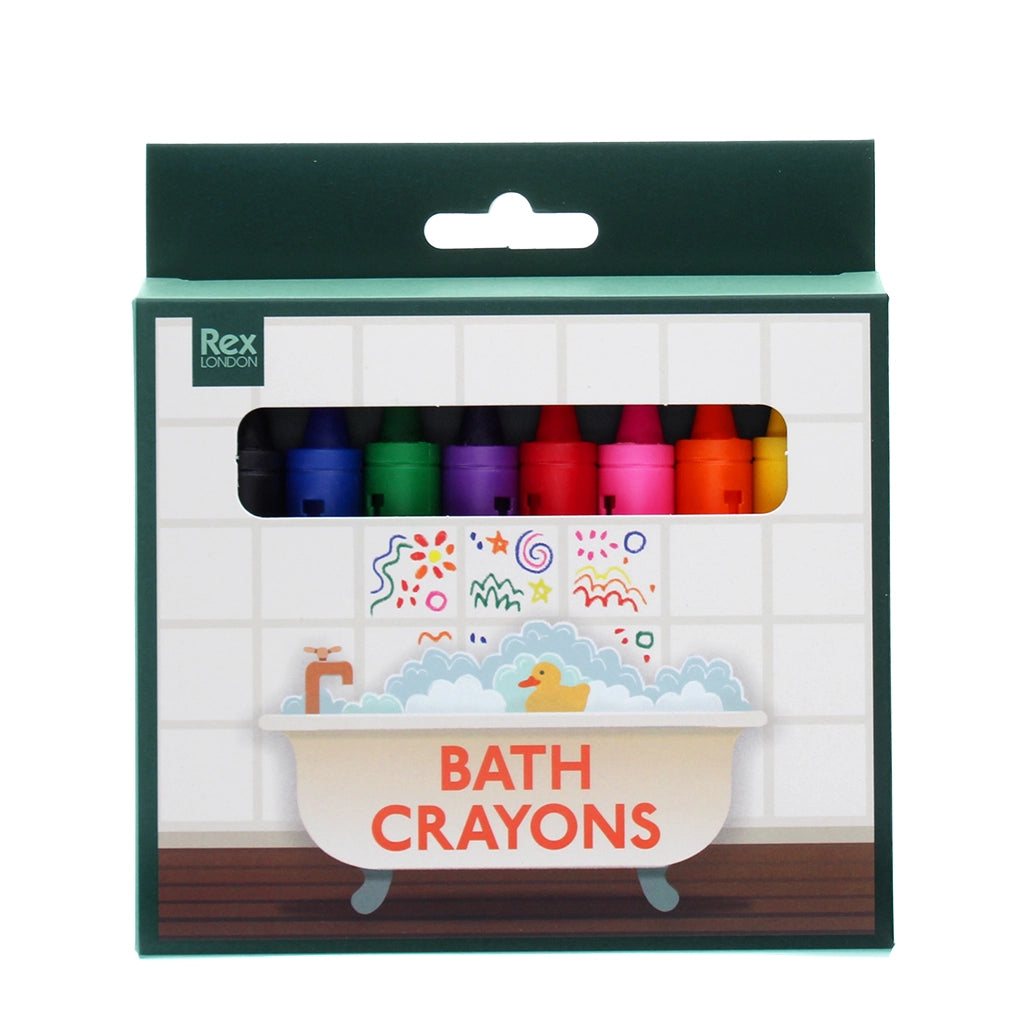 Box of Rex London Bath Crayons set of 8 with colourful tips visible through the packaging window.