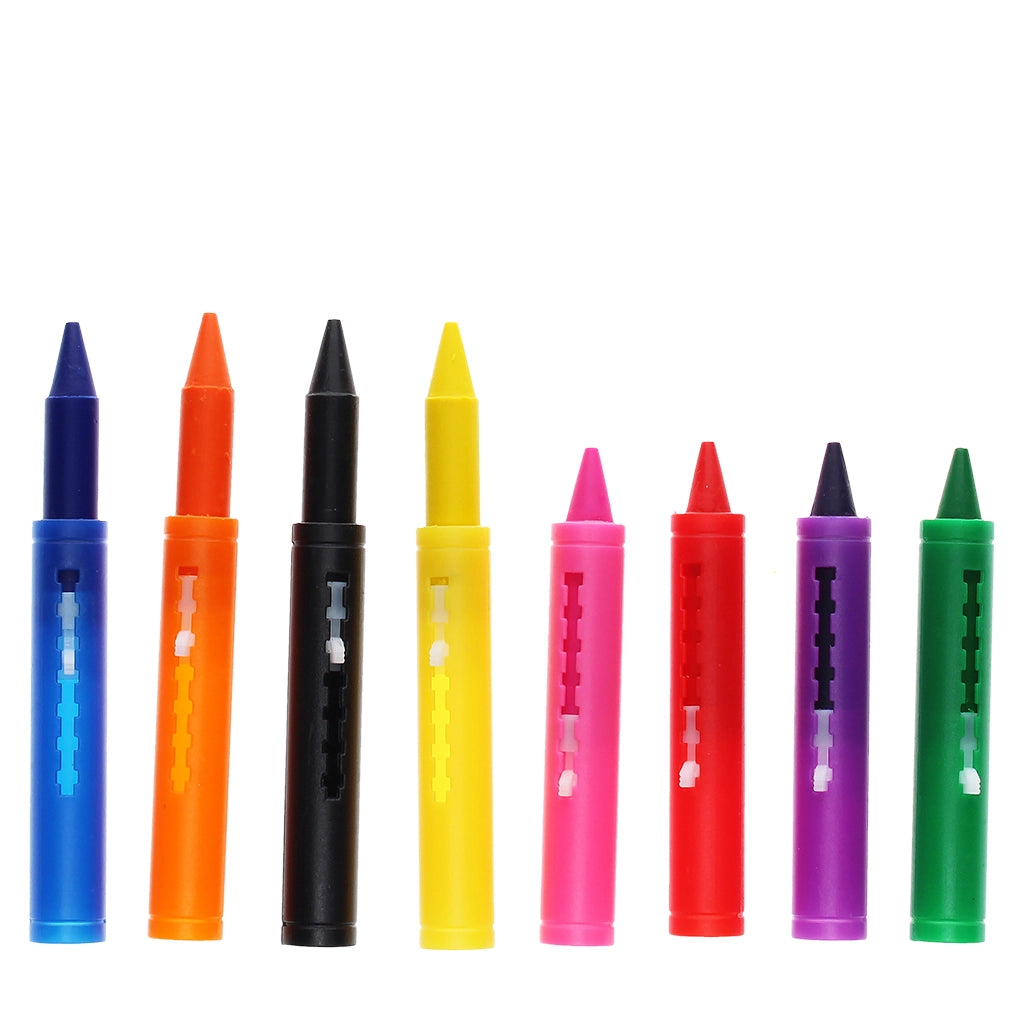 Set of 8 colourful bath crayons in plastic cases, standing upright in a row.