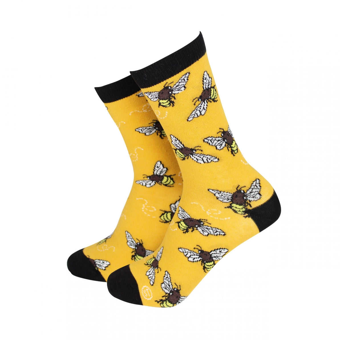 Bright yellow women’s bamboo socks featuring a playful all-over bee pattern, with contrasting black toes, heels, and cuffs, displayed at an angle to show the design and soft texture.