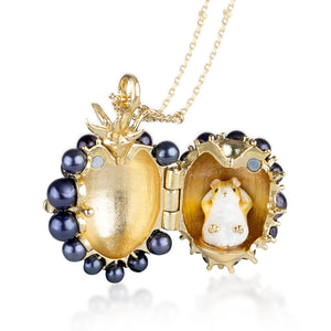Bill Skinner Blackberry & Mouse Locket opened to reveal hand-enamelled mouse inside gold-plated interior, surrounded by deep violet synthetic pearls.