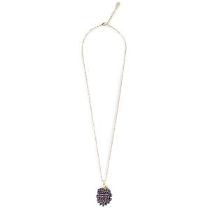 Full length image of Bill Skinner Blackberry & Mouse Necklace with long gold chain and pearl blackberry locket pendant.
