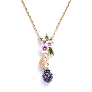 Front view of the Bill Skinner enamel necklace showing floral detailing, a golden mouse figure, and a blackberry pendant hanging from a gold chain.