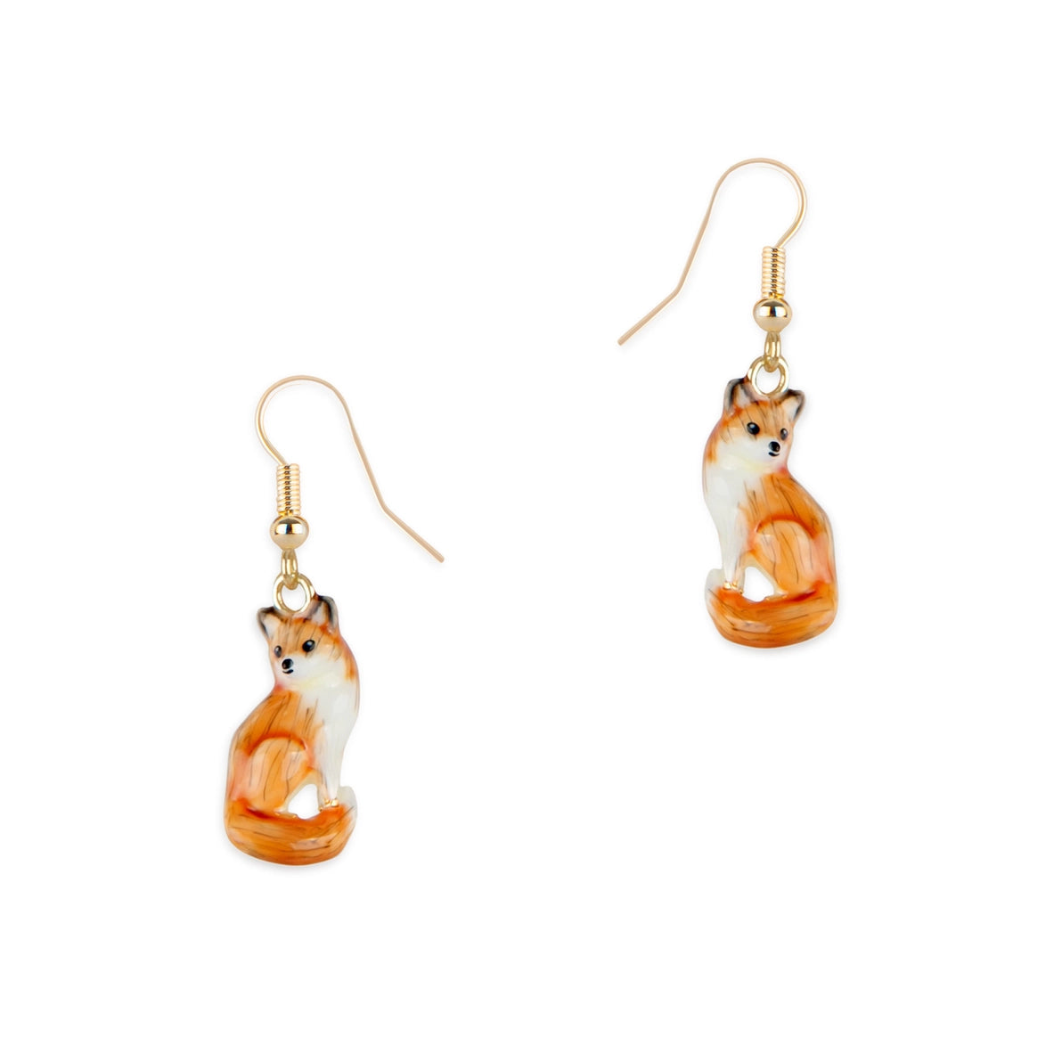 Bill Skinner Fox Drop Earrings featuring hand-enamelled seated red fox design with gold-plated fish hook fastening, displayed against a white background