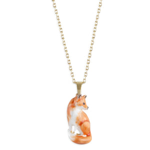 Gold chain necklace with detailed hand-enamelled fox pendant, shown against a white background for a clear front view.