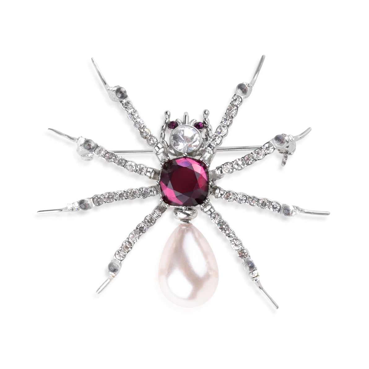 Front view of Bill Skinner Pearl Spider Brooch featuring a polished silver-toned body with crystal-encrusted legs, deep amethyst centre stone, and a teardrop pearl body on white background.