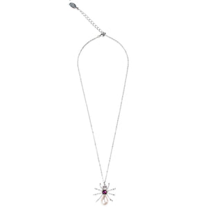 Full-length view of the Bill Skinner Pearl Spider Necklace showing the complete 45cm rhodium-plated chain with extender and the intricate spider pendant with amethyst and pearl detailing.