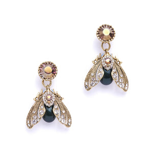 Front view of crystal-studded moth drop earrings with gold plate and dark faux pearl body.
