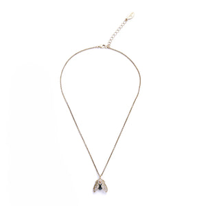 Full view of moth necklace with adjustable gold chain and clasp.
