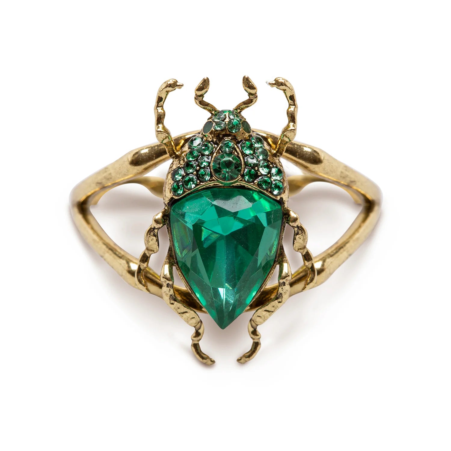 Front view of green beetle ring with faceted resin body and antique gold band.