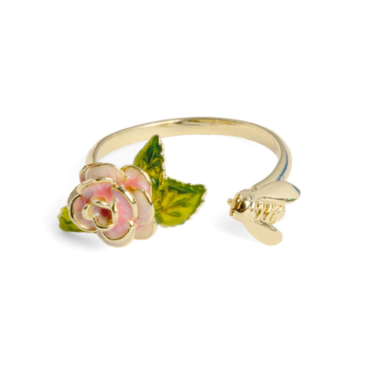 Enamel rose and bee open ring on white background