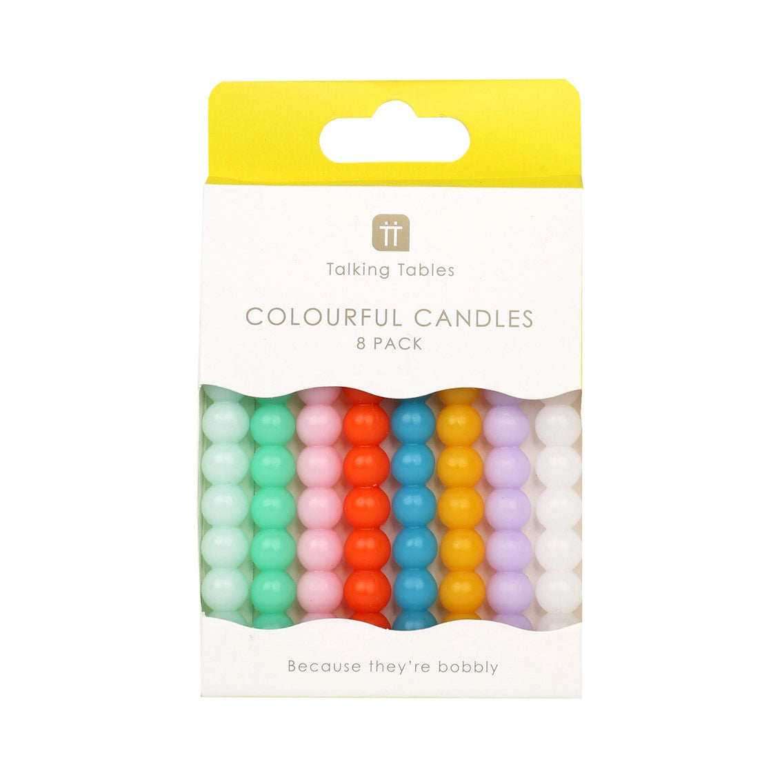 Pack of 8 Birthday Brights Bobble Candles – colourful beaded design in yellow box packaging.