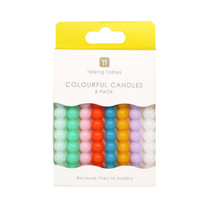 Pack of 8 Birthday Brights Bobble Candles – colourful beaded design in yellow box packaging.