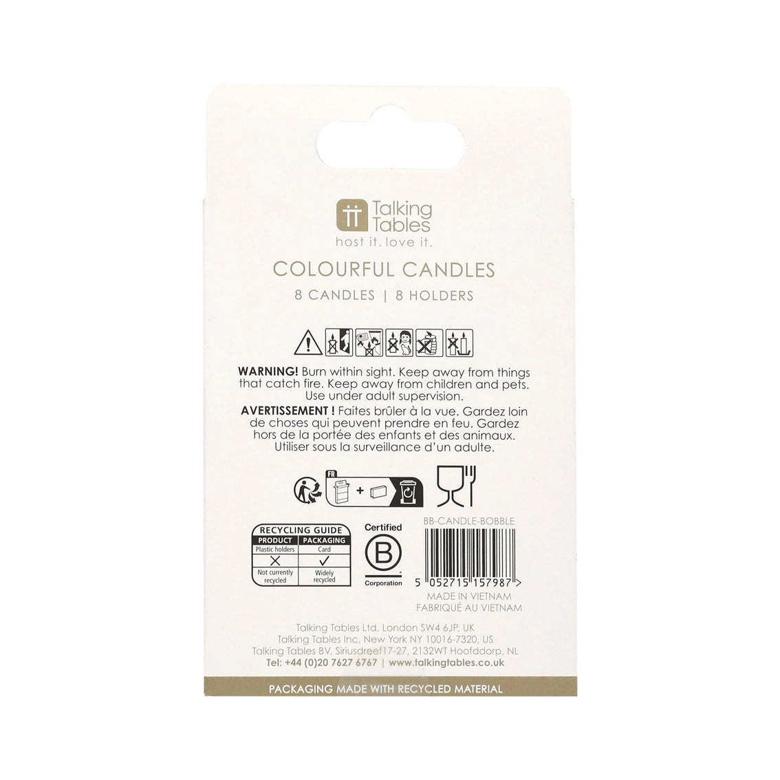 Back of Birthday Brights Bobble Candles packaging showing safety and recycling information.