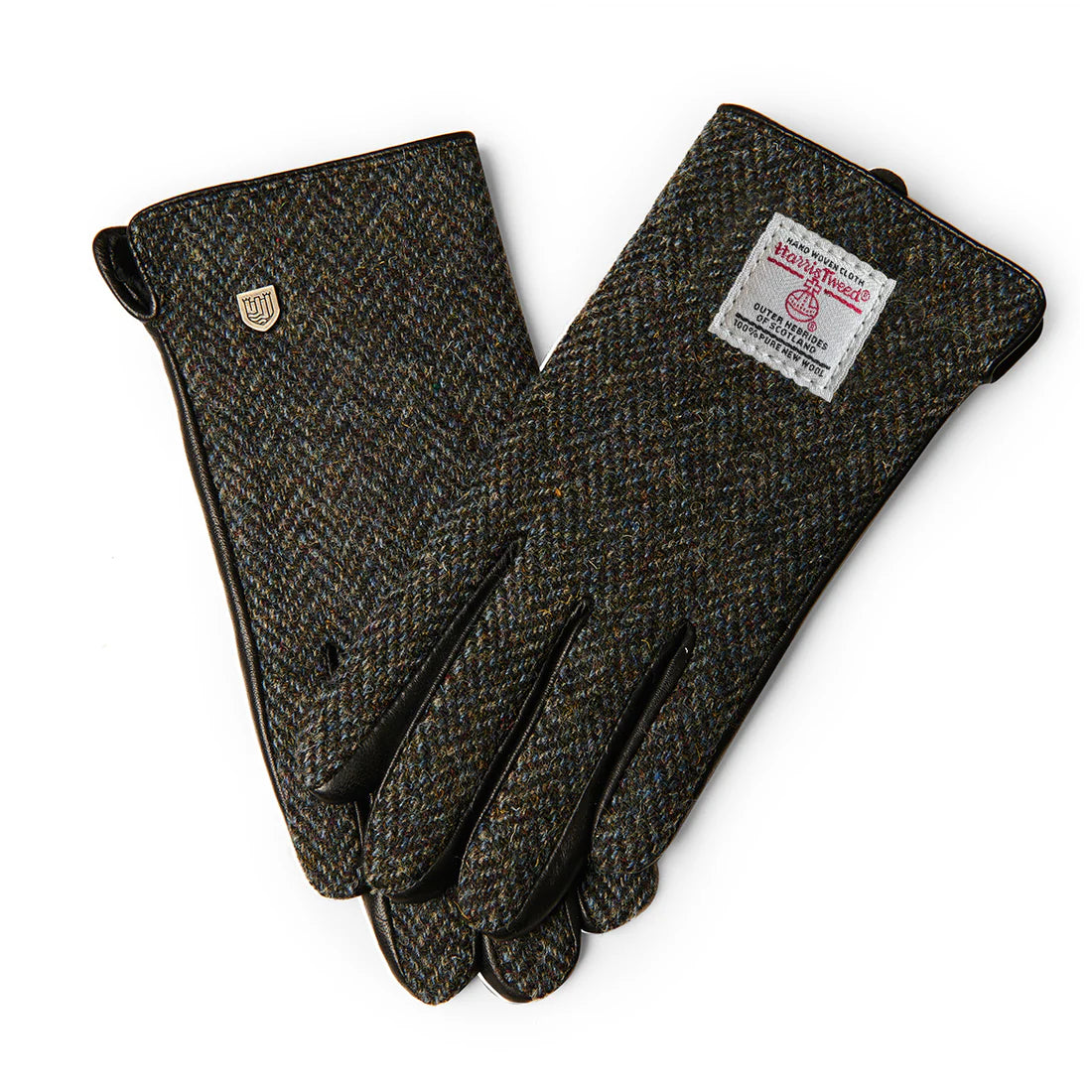 Pair of ladies Harris Tweed gloves in black and grey herringbone with leather trim.