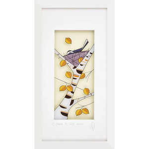 A framed print titled A Place to Call Home, featuring a wagtail nesting in the branches of silver birch trees with golden leaves, set against a soft cream background.