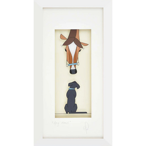 Framed artwork of a horse and a Labrador dog – A contemporary framed print featuring a brown horse wearing a blue halter and a sitting Labrador dog, gazing up at the horse. The artwork is encased in a white limed box frame with a signed title.