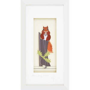 A framed print titled From Tiny Acorns, featuring a red squirrel perched on a tree stump holding an acorn, surrounded by oak leaves. The artwork is encased in a white limed box frame.