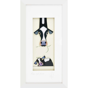 A framed print featuring a minimalist illustration of a Friesian cow and her calf, titled “Rise and Shine,” with a white limed box frame.