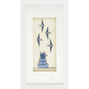 A framed print titled Summer Breeze featuring a stylized blue cat gazing upwards at four swallows flying above, framed in a white box frame.