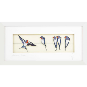 Framed Artwork of Swallows – A framed print featuring a group of four swallows perched on a wire while another swallow is in mid-flight. The artwork is signed by the artist and set in a white box frame.