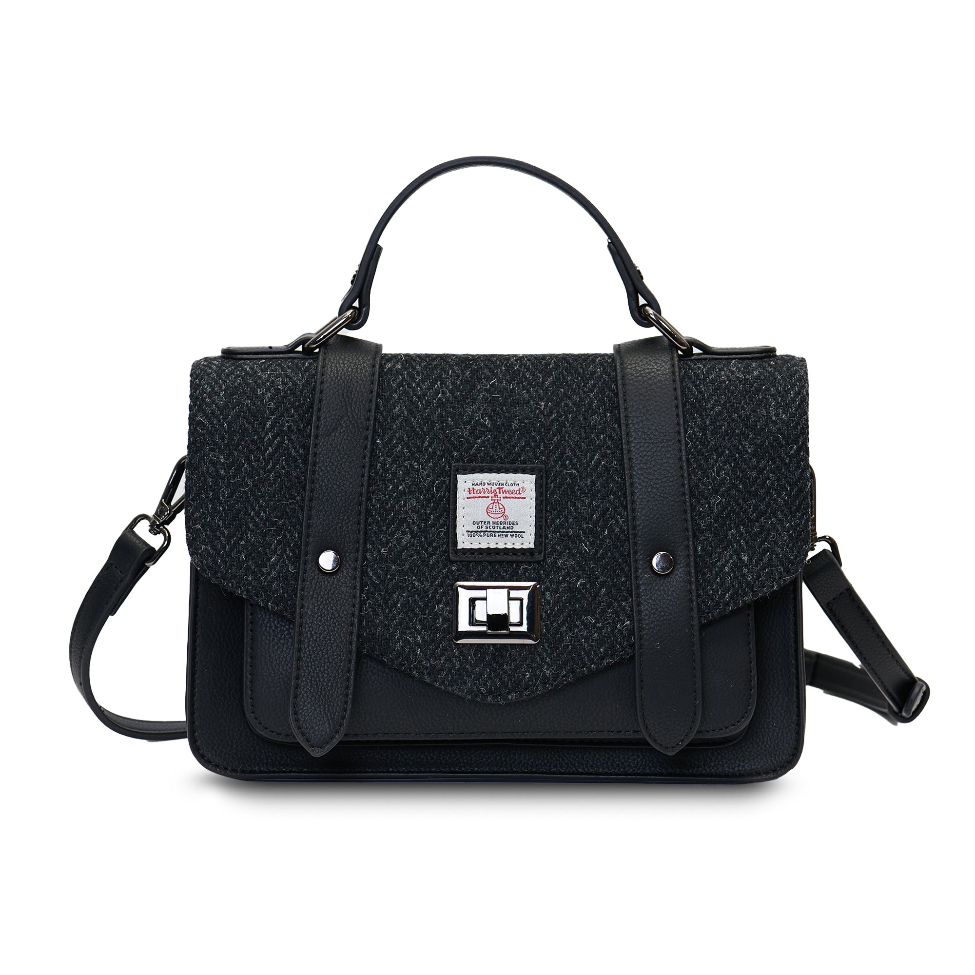 Black Herringbone Medium Satchel with Harris Tweed® shown from the front with top handle and detachable shoulder strap.
