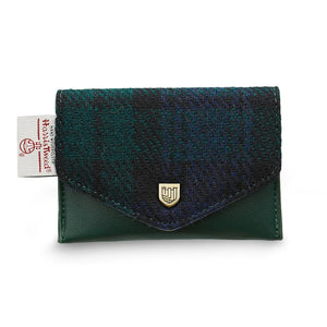 Black Watch Tartan Harris Tweed® card holder with green leather base and gold button by Islander.