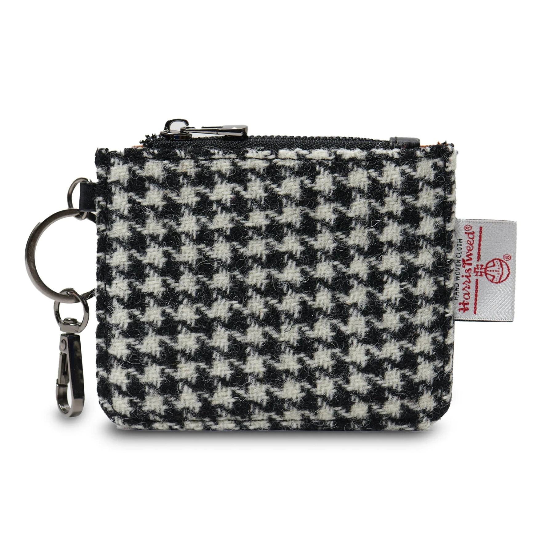 Black and white Harris Tweed® Dogtooth card zip wallet with leather trim and keychain by Islander.