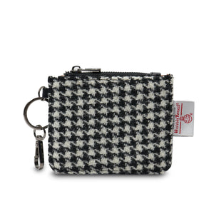 Black and white Harris Tweed® Dogtooth card zip wallet with leather trim and keychain by Islander.