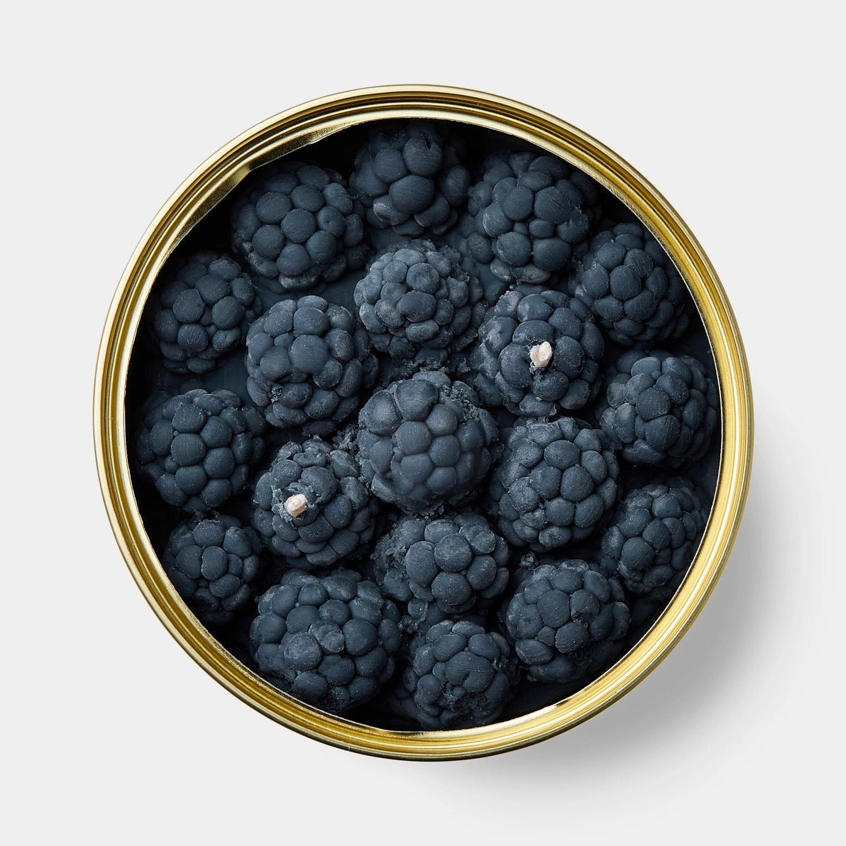 Top-down view of Blackberry Scented Candle in tin, featuring realistic blackberry wax clusters and triple wick design.