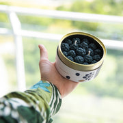 Hand holding sealed Blackberry CandleCan in natural daylight, showing size and playful design against blurred green background.