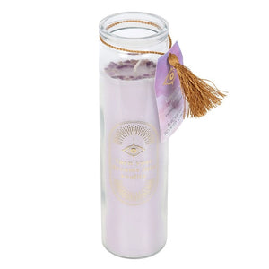 Side view of mystical blackberry-scented tube candle with amethyst crystal chips.