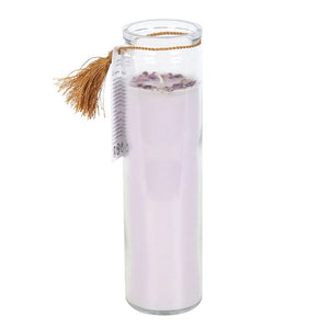 Front view of Blackberry Tube Candle with Amethyst Crystals in a glass jar with gold-foiled text.