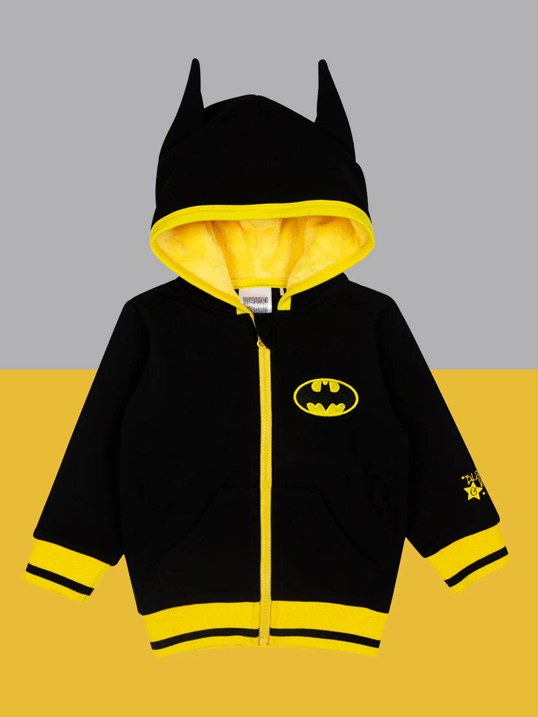 Flat lay of Batman “Get Ready” Hoodie showing yellow hood lining, bat ears, and front bat emblem on chest.