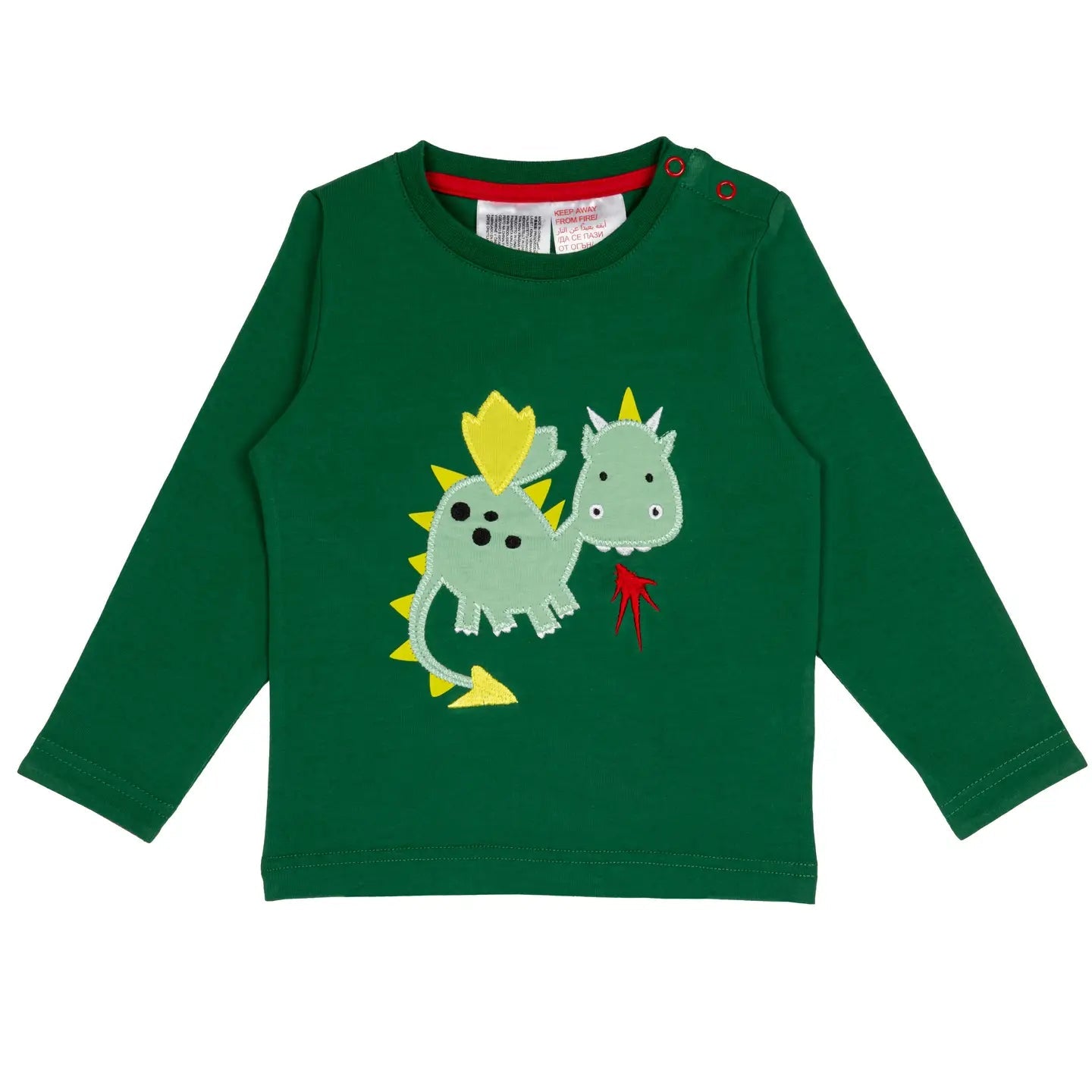 Flat lay of forest-green Teddy the Dragon top featuring friendly dragon characters and red shoulder poppers.