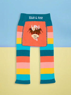 Flat lay of Bonnie Highland Cow leggings showcasing their vibrant colours and soft applique design.