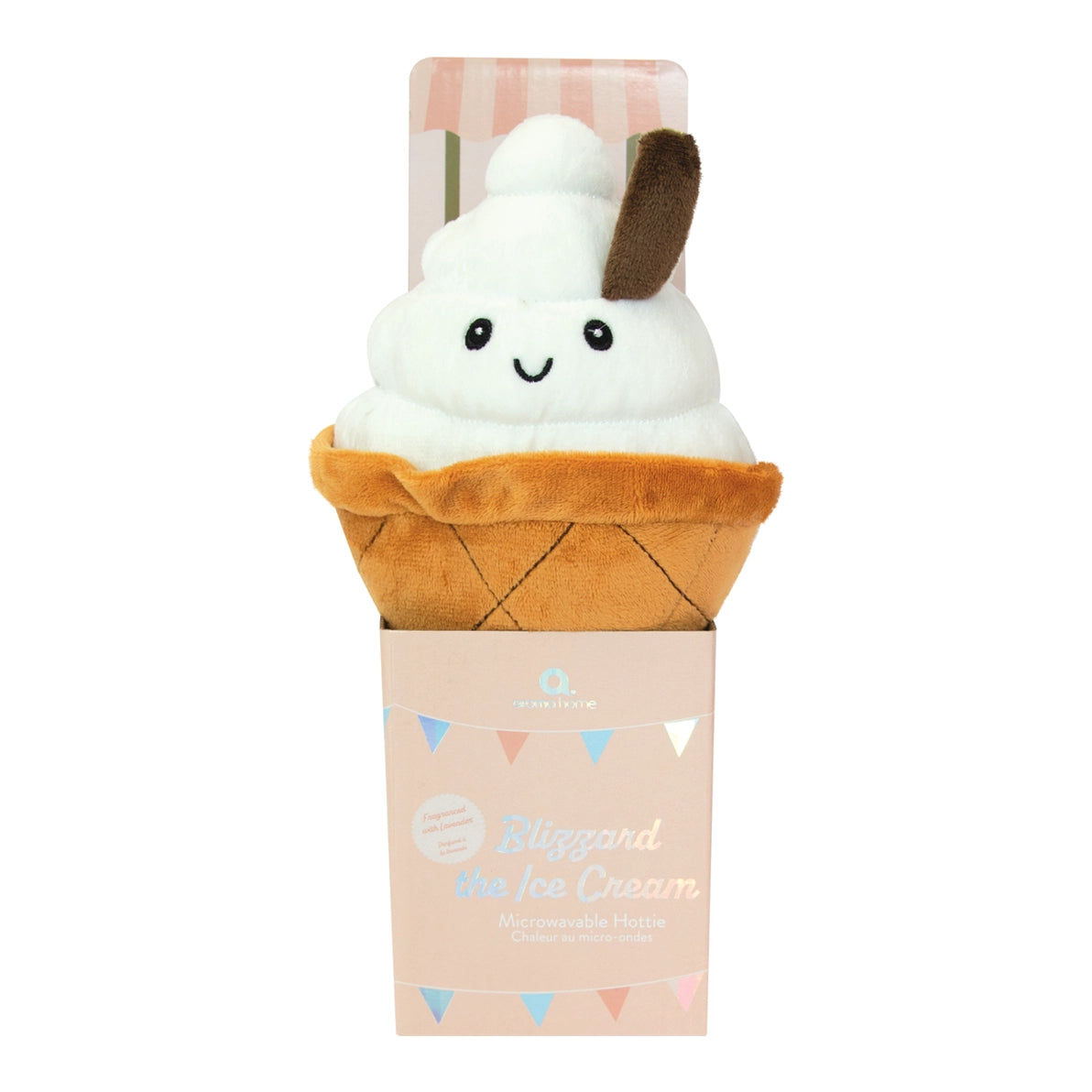 Blizzard the Ice Cream Microwavable Hottie in packaging – plush ice cream cone heat pack with smiley face.