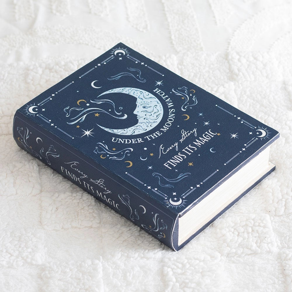 Blue Moon Book Shaped Storage Box with celestial moon and stars design on cover.