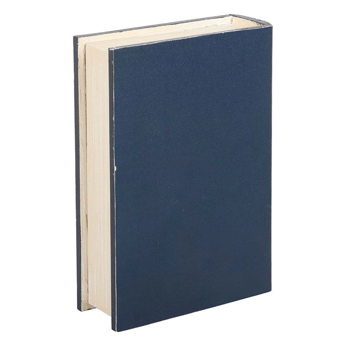 Back view of Blue Moon Book Shaped Storage Box with plain navy cover.