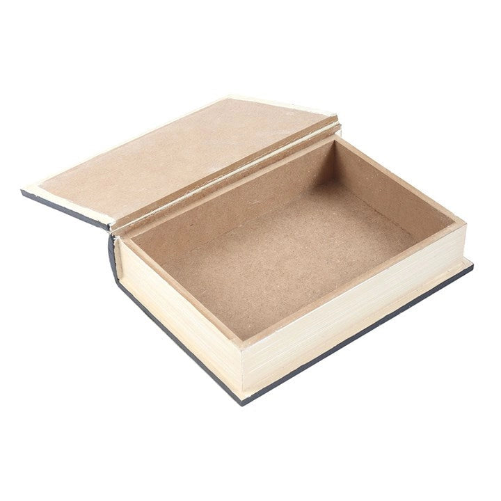 Open Blue Moon Book Shaped Storage Box showing hidden compartment inside.