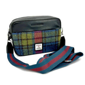 Pink and Blue Check: Playful Pink and Blue Check Harris Tweed Camera Bag with Black vegan leather and an adjustable blue and raspberry strap.