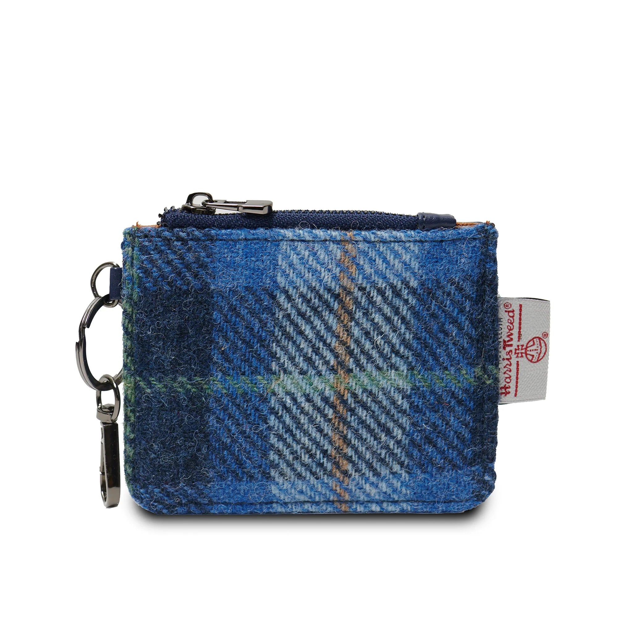 Blue tartan Harris Tweed® card zip wallet with leather trim and keychain by Islander.