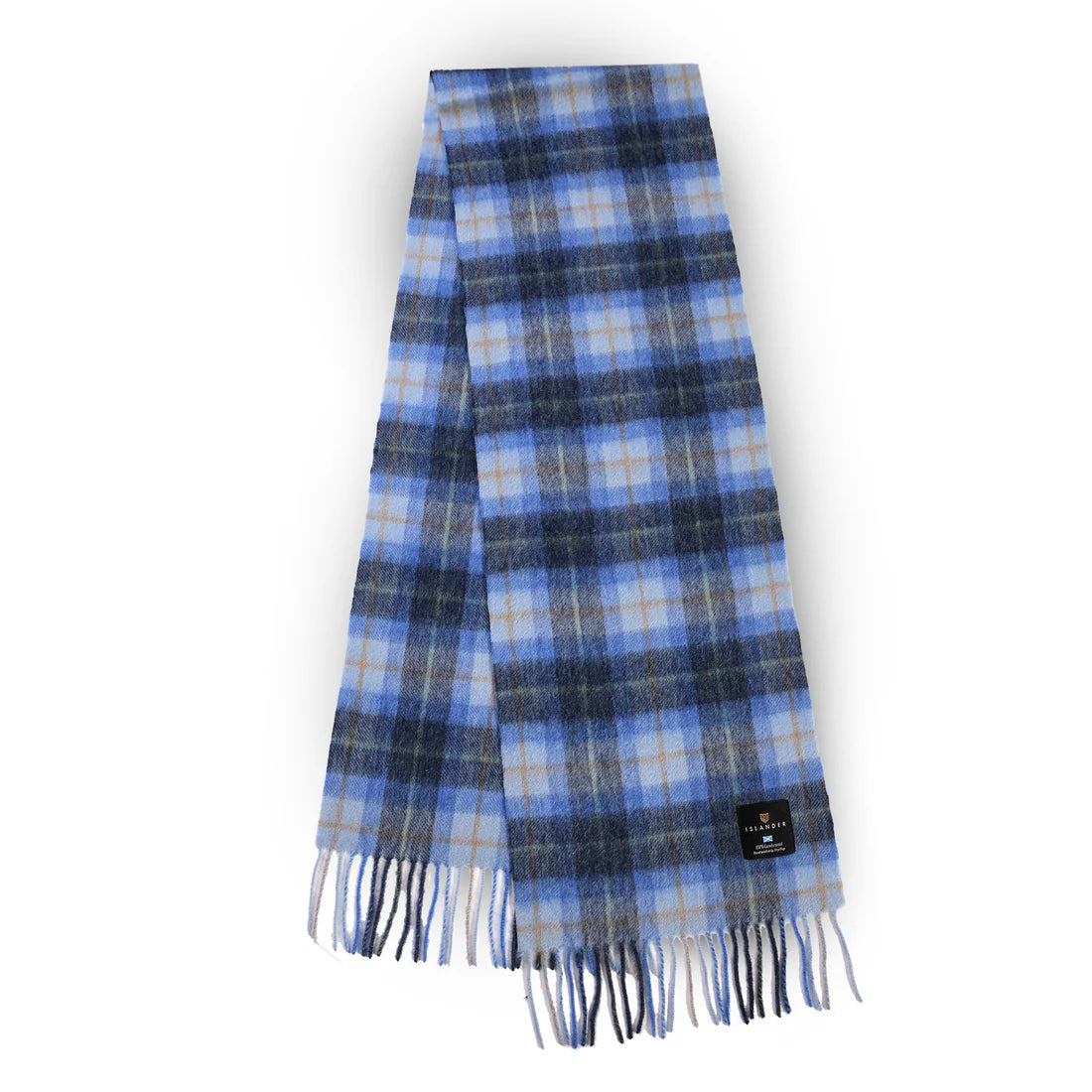 Folded blue tartan lambswool scarf with soft fringed edges on white background.