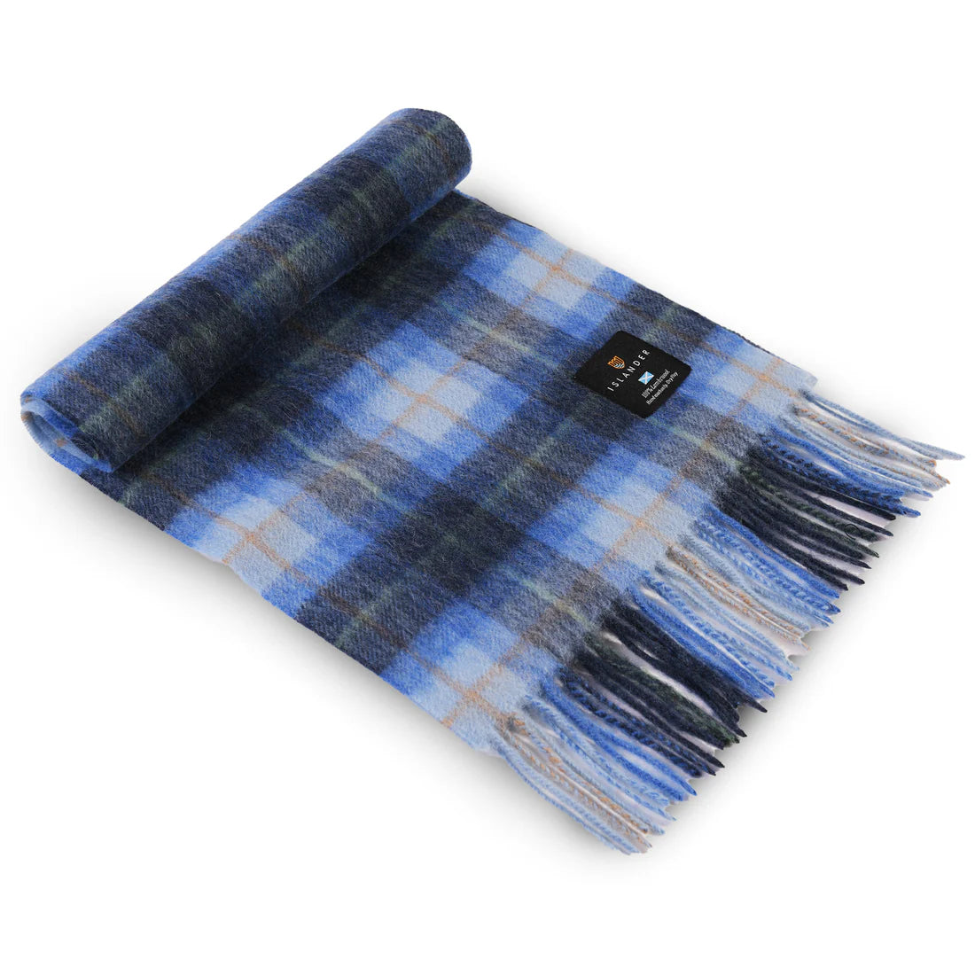 Rolled blue tartan lambswool scarf showing luxury fringe detail.