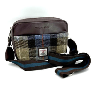 Blue/Brown Check: Classic Blue/Brown Check Harris Tweed Camera Bag with Brown vegan leather trim.