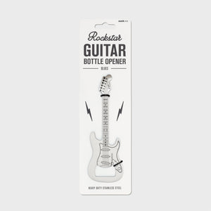 Flat stainless steel guitar-shaped bottle opener on retail packaging with “Rockstar Guitar Bottle Opener” branding, photographed on a white background.